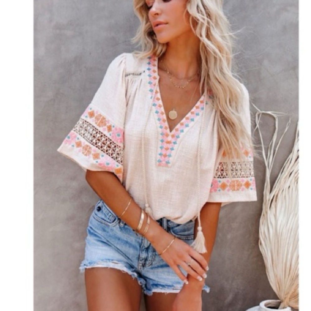 Vici Cream Embroidered Boho Peasant Top with Pink & Peach Accents